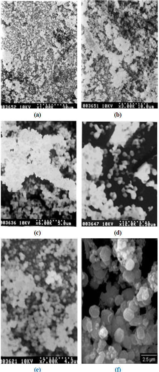 Micrografías electrónicas de barrido (a-d) del compuesto H- Beta/MCM-41, (e) de H-Beta y (f) de MCM-41. El voltaje de acele- ración de la micrografía 3(f) corresponde a 20 kV.