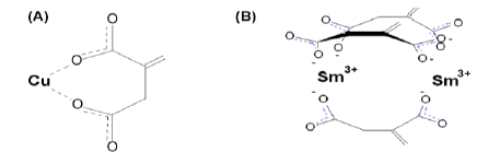 Hypothetical representation of the (C5H4O4)/metal junction. (a) Cu(C5H4O4) (monodentate) (b) Sm2(C5H4O4)3 (ionic). Here water molecules are not shown, only the metal-(C5H4O4) interaction.