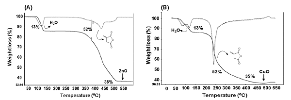 TGA and DTGA thermograms of the Zn/(C5H4O4) (A) and Cu/(C5H4O4) (B) complexes.