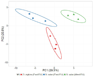Principal component score-plot clusters based on the volatilecomposition of the Salmonidae samples. X and Y axis show principalcomponent 1 and principal component 2 that explain 29.3 % and20.8 % of the total variance, respectively. Prediction ellipses aresuch that with probability 0.95, a new observation from the samegroup will fall inside the ellipse.
