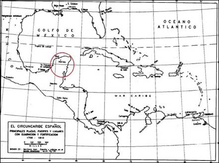 El Circuncaribe (islas y costas continentales). La Península de Yucatán señalada en el círculo rojo.