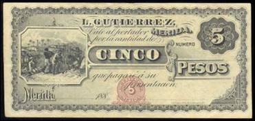 Vale por 5 pesos de la década de 1880, Mérida, Yucatán. Nótese la viñeta representando un grupo de negros cortando caña.