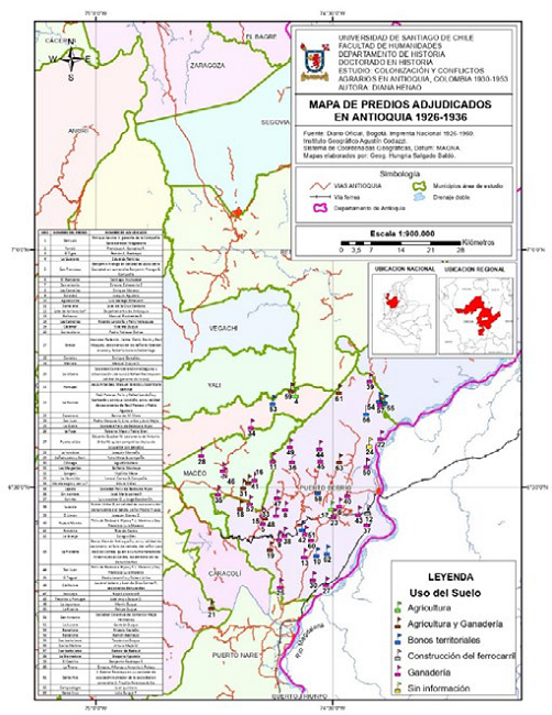 Mapa de predios adjudicados en Antioquia, 1926-1936