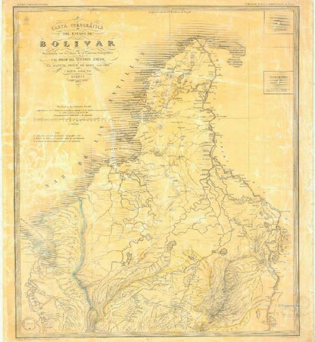 Carta corográfica del Estado de Bolívar construida con los datos de la comisión corográfica y de orden del gobierno general por Manuel Ponce de León, ingeniero, y Manuel María Paz, 1864