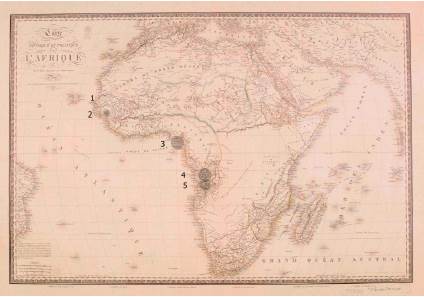 Mapa f&iacute;sico y geogr&aacute;fico de &Aacute;frica, donde se se&ntilde;alan los lugares de donde proven&iacute;an los esclavos del valle de C&uacute;cuta.