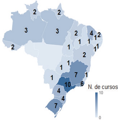Cursos de licenciatura em Ciências Sociais por estados brasileiros, 2008.