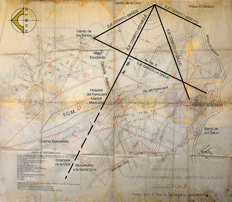 El punto de origen de trazo en el Cerrito de la Cruz y los cuatro
							ejes rectores, sobrepuestos en el Croquis de Mojoneras
							Fundamentales.
