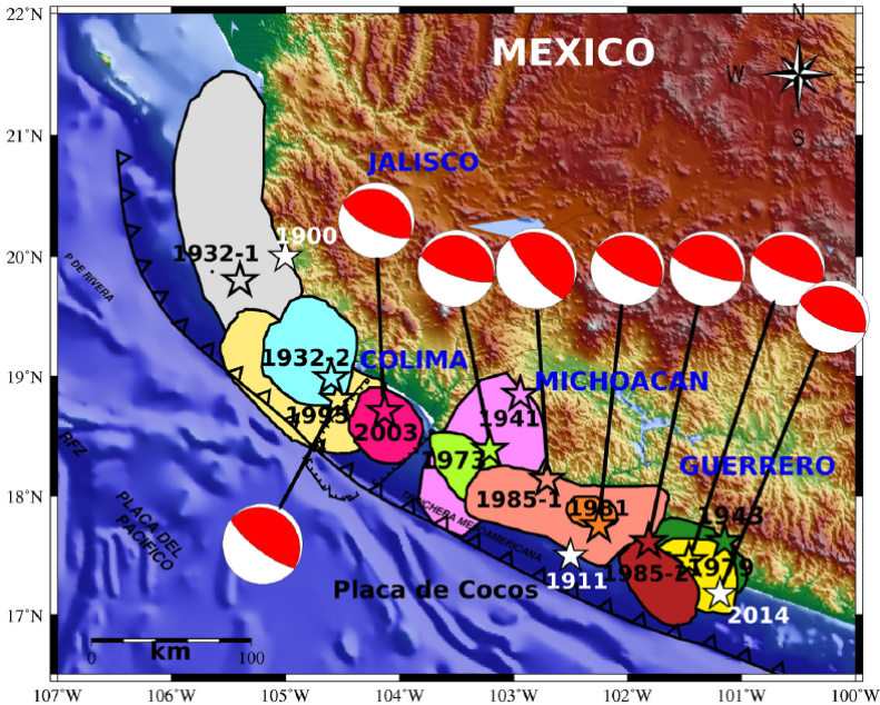 Sismos interplaca mayores o igual a magnitud 7 (estrellas) ocurridos de 1900 a 2014 en la zona de subducción de Michoacán-Colima-Jalisco. Los óvalos indican las áreas de réplicas tomadas de Ramírez-Herrera et al. (2010) y de Kelleher et al. (1973) para sismos ocurridos de 1932 a 2003. Además, se muestran los mecanismos focales para eventos ocurridos a partir de 1973 tomados de Santoyo et al. (2006) y de CMT (2013).