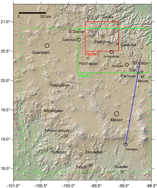 Shaded relief map of central Mexico, indicating the location of Zimapán and the approximate extent of the geologic map by von Gerolt and de Berghes (1827) (green dashed outline). Also indicated are the regions covered by Figure 2 (green solid outline) and Figure 3 (red outline). Also marked are major mining districts of the early 19th century and, in blue, the trace of the geologic section by von Humboldt (1834), constructed in 1803. SdP: Sierra de Pachuca.