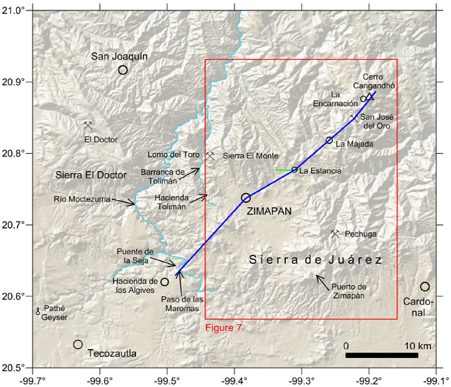 Outline map of the Zimapán area, indicating in blue the trace of the geologic section by Burkart (1836), reproduced in Figure 6. Red box: approximate extent of the geologic map by Galeotti (1838a), shown in Figure 7. Also indicated are several place names mentioned in the text.