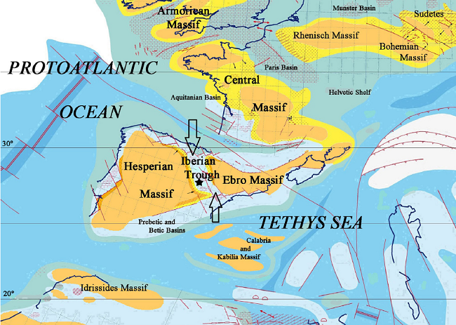 Palaeogeographic general situation of the Iberian Peninsula during the maximum transgression of the late Cenomanian-Early Turonian, with approximate situation of the outcrop (star). Modified from 
							Philip and Floquet (2000)according to F. 
							Barroso-Barcenilla et al. (2011).
						