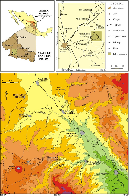 Index-map showing the location of San Nicolás Tolentino Area, central western Sierra Madre Occidental Morphotectonic Province at San Luis Potosí, México; all geographic features and names referred to in the text are plotted.