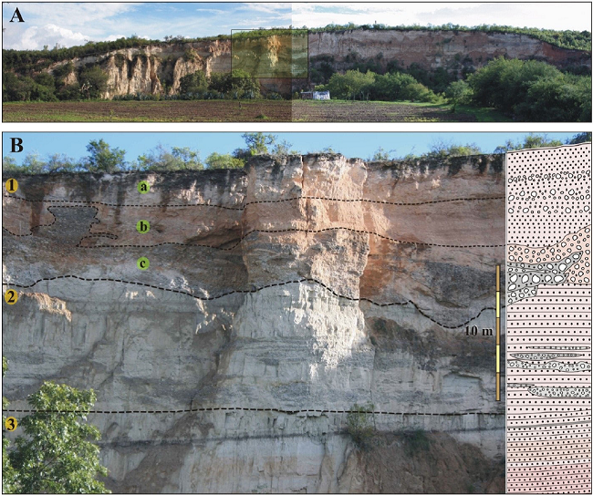 San Nicol&aacute;s Formation's stacking of fluvial systems: The locality lies ~1.1 km south of San Nicol&aacute;s Tolentino, it is the cliff carved by the R&iacute;o San Nicol&aacute;s on this unit. A. Panorama [looking north] of a fluvial systems stacking, inset square shown in B; the outcrop is ~320 m long. B. A stack of three superposed, sheet-like fluvial systems [lower, middle and upper], which largely consist of channel and associated sandstone deposits, and are interpreted as the record of three cycles of fluvial deposition. Line delineation helps to distinguish the stacking; subdivision of the systems into subsystems [e.g. upper a-c] is not further pursued to avoid obscuring the space relationships of particular deposits. Column on the right shows major sedimentary attributes of the stratal stack. East lies to the right of picture. Scale bar = 10 m.