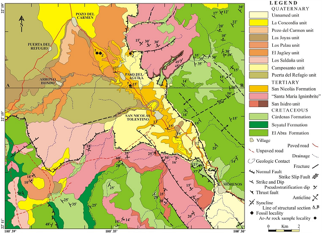 Geologic map of the San Nicolás Tolentino Area, central-western San Luis Potosí, México.