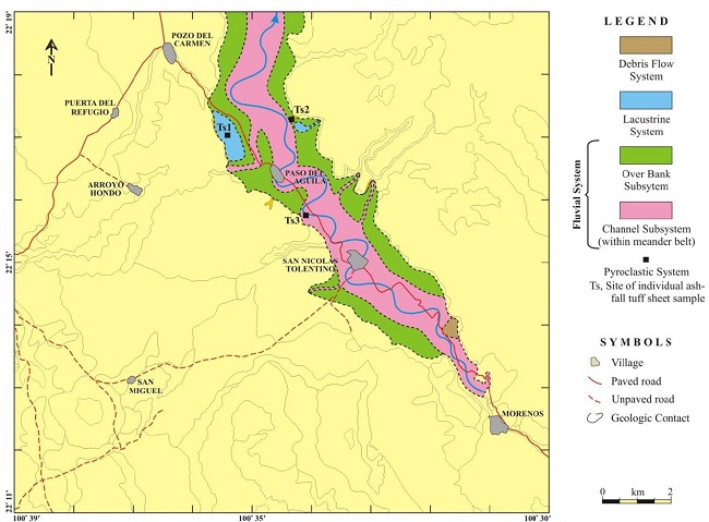San Nicol&aacute;s Formation's depositional systems model: First approach. The systems are plotted and discriminated within this formation area as mapped in Figure 2 [the geologic contacts are shown in the background]. In order to better portray the systems' aereal extent, the San Nicol&aacute;s outcrop area was slightly increased, through parsimoniously uniting discontinuous San Nicol&aacute;s outcrops [at the expense of adjacent Quaternary units].