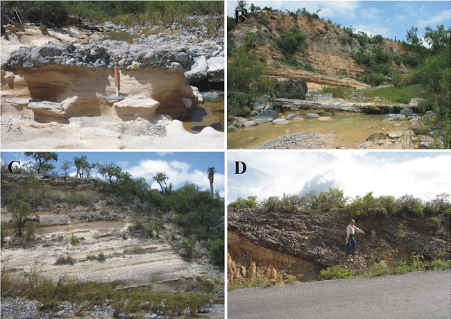 San Nicol&aacute;s Formation's depositional systems, channel deposits I. A. Channel lag deposits: The site lies ~1 km NE of Barranca de San Joaqu&iacute;n village, close to Arroyo Negro. Small conglomerate lens [lithofacies Gh] with flat-laying lower bounding surface, and a convex upper one interdigitated with tabular cross-bedded sandstone; this illustrates a downstream accretionary sequence, at a very reduced scale. East lies to the right of picture. B-D. Bar deposits: B. The locality lies on R&iacute;o San Nicol&aacute;s, ~3.6 km NW of Barranca de San Joaqu&iacute;n village. Section of a "large scale" point bar [chiefly lithofacies Gmg, Gh, Sp; and GB, SB architectural elements] showing in the bottom a flat-laying, medium-bedded conglomerate sheet supporting an alternate succession of tabular cross-bedded sandstone set in thin to medium strata, and thin conglomerate strata, followed upward by a thick conglomeratic body above, which records a new channel developed on top of the bar. Cliff height is ~18 m. North lies to the right of picture. C. The site lies ~0.1 km SSE of San Andr&eacute;s Tolentino. Thick succession of tabular cross-bedded channel sandstone [largely lithofacies Sp and subordinately Gp; and SB architectural element], within a sand-dominated (fluvial) system. The outstanding, ridge-like beds are better indurated than the others; some strata [e.g. those of the upper part] show large nodules [or concretions] seemingly consisting of darker, more indurated sandstone. Succession thickness ~12 m. North lies to the left of picture. D. Succession of thick sandstone and conglomerate bodies dipping 25&deg; NE [mainly lithofacies Gh, Sp; and GB and SB architectural elements] showing flat bottom-bounding surfaces, a feature commonly seen in downstream accretion sequences; the succession is interpreted as part of mid-channel bars developing on top of another one. North lies to the right of picture.