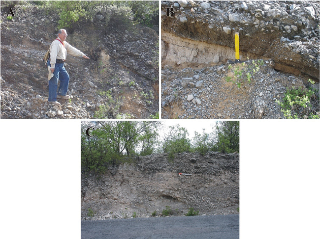 Nicol&aacute;s Formation's depositional systems, channel deposits II. A-B. The site lies by R&iacute;o San Nicol&aacute;s ~ 800 m SE of Paso del &aacute;guila. A. Close view of same outcrop pictured in Figure 4D; the thick conglomerate strata show a vaguely defined horizontal bedding structure; notice the well developed bottom bounding surfaces. North lies to the right of picture. B. Closer view of same outcrop, notice the contact sharpness. North lies to the right of picture. C. The site lies ~2.6 km NW of Morenos, by the road to San Nicol&aacute;s Tolentino. It shows sandstone and conglomerate intertonguing bodies [lithofacies Gh, Sp, Sl; and GB, SB architectural elements], which suggest that they belonged to a mid-channel bar seemingly developed in a gravel-dominated system (or subsystem). Road cut height ~3.3 m. North lies to the right of picture.