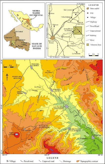 Index-map showing the location of San Nicolás Tolentino Area, central western Sierra Madre Occidental Morphotectonic Province at San Luis Potosí, México; all geographic features and names referred to in the text are plotted.