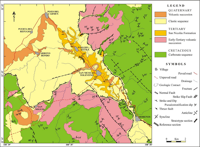 Simplified geologic map of the San Nicolás Tolentino Area, central-western San Luis Potosí, Mexico. San Nicolás Formation is stressed. PTG, Peotillos-Tolentino Graben.