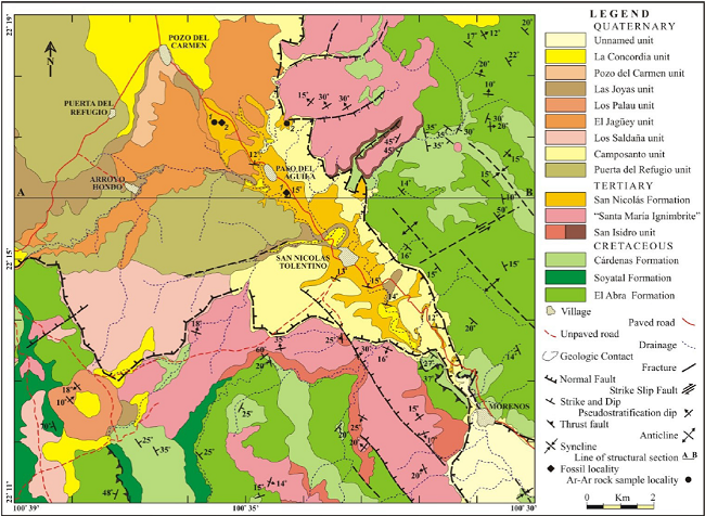 Geologic map of the San Nicolás Tolentino Area, central-western San Luis Potosí, México.