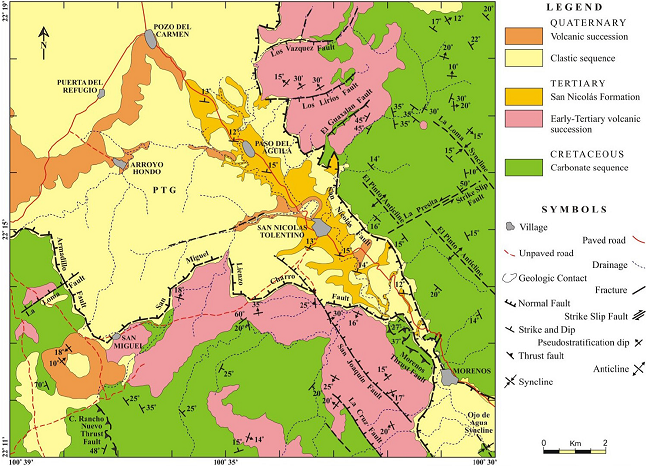 Structural map of the San Nicolás Tolentino Area, central-western San Luis Potosí, México, plotted on a simplified geologic base map. PTG, Peotillos-Tolentino Graben.