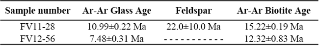 39Ar-40Ar age data from samples of a rhyolitic ash-fall tuff sheet interbedded in the San Nicolás Formation.