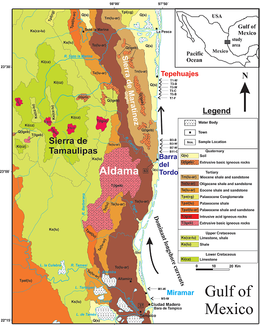 Geological map and sampling sites (map modified and taken from the Mexican Geological Service, 2015).