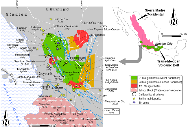Geographic distribution of ore deposits of possible latest Oligocene to Miocene age in southwestern Mexico (modified from Camprub&iacute;, 2013).