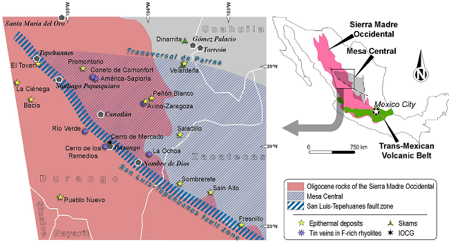 Simplified geological map of the westernmost ending of the Mesa Central in central Mexico, showing the approximate extent of the Oligocene volcanic rocks of the Sierra Madre Occidental silicic large igneous province (based on Ferrari et al., 2005, 2007), the approximate extent of the San Luis-;Tepehuanes fault zone (based on Nieto-Samaniego et al., 2005, 2007), and the ore deposits that were formed during the Oligocene (based on Camprub&iacute;, 2013). The term 'skarns' stands for sulfide (non-iron oxide) skarns whereas 'IOCG' stands for the 'clan' of iron oxide copper gold deposits, or magmatic-hydrothermal iron oxide deposits, which includes iron oxide skarns. Cities are indicated by gray pentagons.
