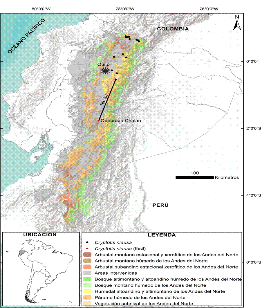 Ubicación del registro fósil de C. niausa (quebrada Chalán), junto a
							la distribución actual de esta especie en los ecosistemas de páramos
							andinos del norte y centro de Sudamérica (Josse et al., 2009). Se aprecia
							que en la actualidad Chalán se encuentra en un ecosistema de arbustales
							estacionales.