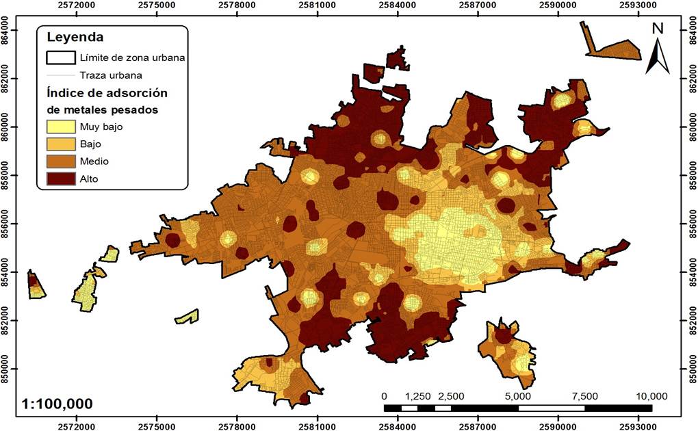 Mapa del índice de adsorción de metales pesados en Morelia, Michoacán.