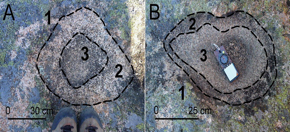 Ejemplos de pilas incipientes desarrolladas sobre superficies planas. (a) Pila incipiente de aspecto circular de apenas 2 cm de profundidad, (b) Pila de forma elongada con una profundidad máxima de 5 cm. (1) Superficie de la roca colonizada por líquenes, (2) franja intermedia entre el nivel habitual de máximo llenado de agua borde exterior de la pila, (3) zona máxima habitual de llenado de agua.