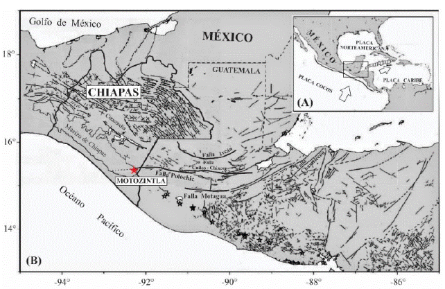 (A) Localizaci&oacute;n geogr&aacute;fica del &aacute;rea de estudio y su relaci&oacute;n con las placas tect&oacute;nicas de Norteam&eacute;rica, Caribe y Cocos. (B) Marco tect&oacute;nico de la regi&oacute;n de Motozintla y su localizaci&oacute;n sobre la traza del sistema de fallas Polochic-Motagua. Modificada de Guzm&aacute;n-Speziale 2010.