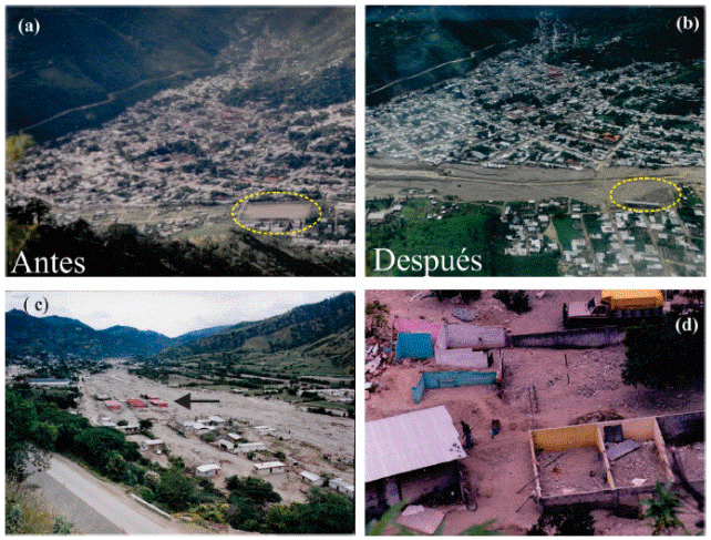 Desastre por inundaci&oacute;n y dep&oacute;sito de materiales en la cuenca de Motozintla. (a) &ldquo;Antes&rdquo;, se muestra una imagen panor&aacute;mica de la cabecera municipal de Motozintla en el a&ntilde;o de 1993. Con c&iacute;rculo punteado aparecen las gradas y el campo de futbol. (b) &ldquo;Despu&eacute;s&rdquo;, (1998) se observa enorme dep&oacute;sito de flujos de escombros (ancho aproximado de 90 m), cubriendo por completo el campo de futbol y edificaciones construidas en la ribera y sobre el cauce del r&iacute;o Xelaj&uacute; Grande. c) vista de E - O del r&iacute;o Xelaj&uacute; Grande, donde se observa la destrucci&oacute;n de la escuela preparatoria de la cabecera municipal de Motozintla de Mendoza (flecha negra). d) Afectaciones a zonas urbanas, n&oacute;tese la invasi&oacute;n de los flujos de escombros al interior de las casas. Fotograf&iacute;as cortes&iacute;a de V.H. Robledo.
