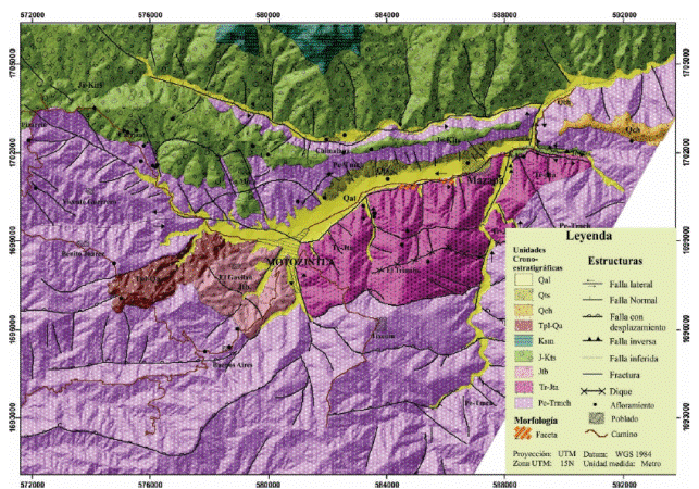 Marco geol&oacute;gico de la regi&oacute;n de Motozintla. Las unidades cronoestratigr&aacute;ficas son: Macizo de Chiapas, P&eacute;rmico-Tri&aacute;sico (Pe-Trmch); Tronco de Amatenango de la Frontera, Tri&aacute;sico Tard&iacute;o-Jur&aacute;sico Temprano (Tr-Jta); Tronco de Buenos Aires, Jur&aacute;sico Tard&iacute;o (Jtb); Formaci&oacute;n Todos Santos, Jur&aacute;sico Tard&iacute;o-Cret&aacute;cico Temprano (J-Kts); Sierra Madre de Chiapas, Cret&aacute;cico (Ksm); Lavas Andes&iacute;ticas, Plioceno-Cuaternario (Tpl-Qa); Flujo Pirocl&aacute;stico Chocoyos, Cuaternario (Qch); Dep&oacute;sito Todos Santos, Cuaternario (Qts); Aluvi&oacute;n, Cuaternario (Qal). Tomada de S&aacute;nchez-N&uacute;&ntilde;ez et al. 2012.