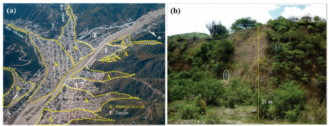 (a) Vista a&eacute;rea de la ciudad de Motozintla. Se muestra la morfolog&iacute;a de los dep&oacute;sitos de abanicos aluviales, emplazados en la planicie del r&iacute;o Xelaj&uacute; Grande. N&oacute;tese el enorme flujo de escombros generado por las precipitaciones pluviales extremas causadas por el hurac&aacute;n &ldquo;Stan&rdquo; en 2005. Fotograf&iacute;a cortes&iacute;a de V.H. Robledo. (b) corte vertical del abanico aluvial (M26), sobre la traza de la falla Polochic. Se muestra un dep&oacute;sito masivo de flujos de escombros con textura soportada por matriz y espor&aacute;dicos lentes de arena gruesa, la persona mide 1.68 m de altura.