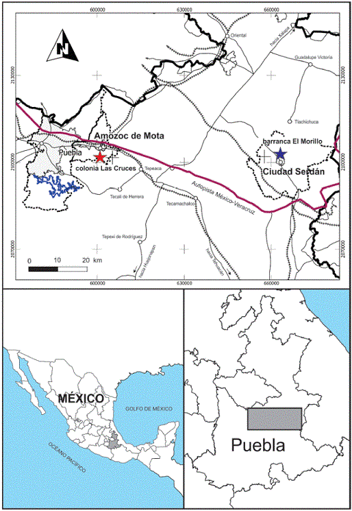 Ubicaci&oacute;n de las localidades con restos de Mammuthus
								columbi descritos en este trabajo. La estrella azul marca
							la ubicaci&oacute;n de la localidad barranca El Morillo, cerca de Ciudad
							Serd&aacute;n; la estrella roja marca la ubicaci&oacute;n de la localidad Sierra de
							Amozoc, en las inmediaciones de la colonia Las Cruces, municipio de
							Amozoc de Mota.