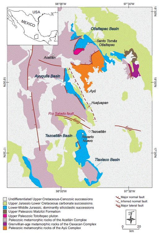 Geologic map of the southern Puebla and northern Oaxaca states,
							southern Mexico, showing the location and tectonic boundaries of major
							metamorphic and plutonic basement complexes, as well as the distribution
							of the Jurassic sedimentary successions (modified from Martini et al.,
								2016).