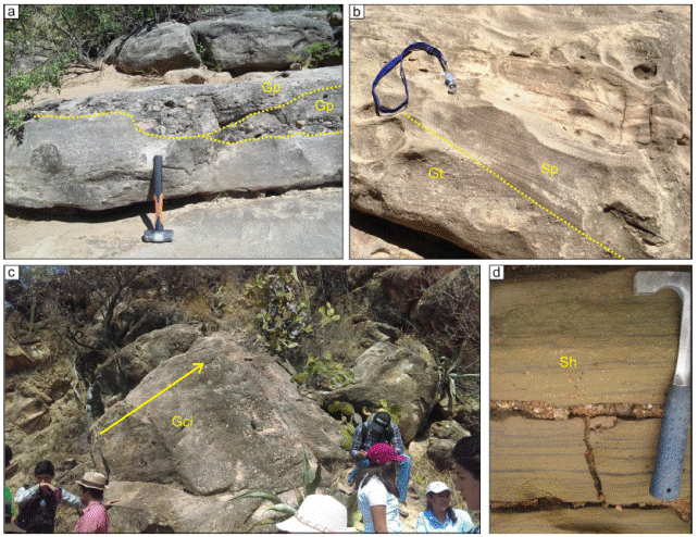 Photographs showing details of conglomerate and sandstone deposits that compose the Piedra Hueca Formation: (a) scoopshaped conglomerates of the Gp lithofacies; (b) coarseand medium-grained sandstone deposits of lithofacies Sp, displaying planar cross bedding; (c) inversely-graded, poorly-sorted conglomerate interpreted as lithofacies Gci; (d) tabular-shaped, coarse-grained sandstone deposits representative of lithofacies Sh, which shows upper-regime plane lamination.