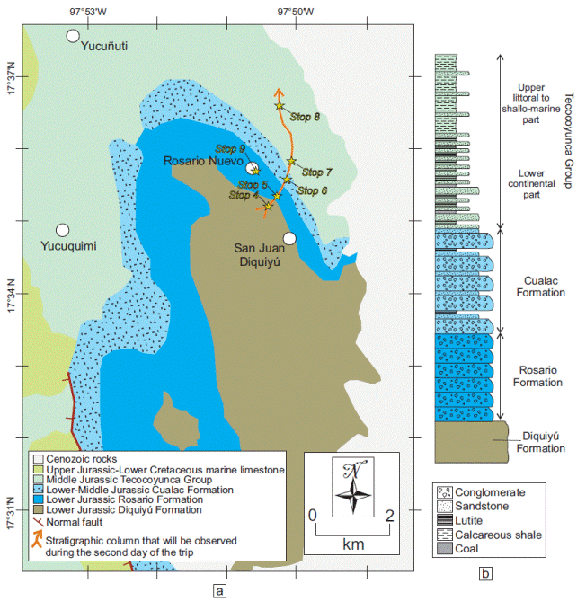 (a) Schematic geologic map of the Tezoatl&aacute;n Basin, showing the distribution of the Jurassic (modified from Mor&aacute;n-Zenteno et al., 1993). The location of the main outcrops (yellow stars) that will be visited during the second day of the trip is reported in the map. (b) Schematic lithostratigraphic column representative of the Tezoatl&aacute;n Basin. The column is according to Erben (1956) and Mor&aacute;n-Zenteno et al. (1993).