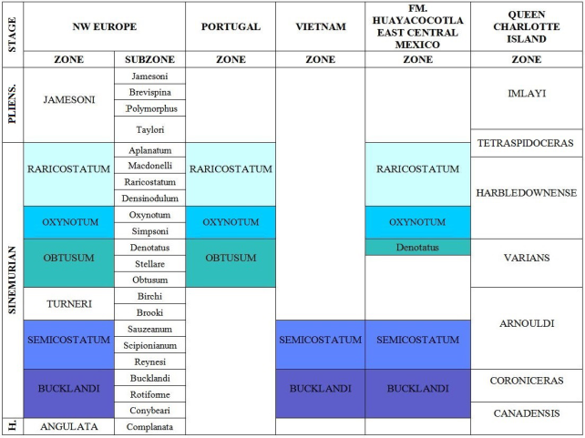 International stratigraphic correlation compared with the stratigraphic range of Huayacocotla Fm. (H. Hettangian; PLIENS. Pliensbachian).