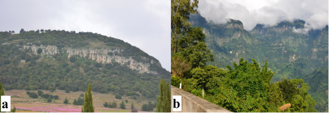 Two geological structures exhibiting the stratigraphic relations expressed in the regional column: a) Dacitic domes; b) Jurassic/Pleistocene contact.