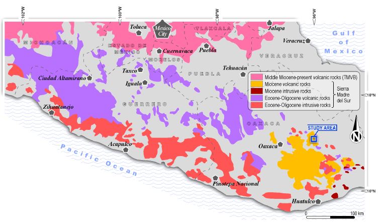 Synthetic geological map of the Sierra Madre del Sur with the distribution of Cenozoic magmatic rocks (simplified from Morán-Zenteno et al., 2005, 2007). Key: TMVB = Trans-Mexican Volcanic Belt.