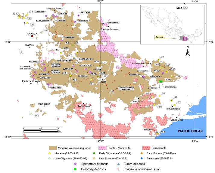 Geological map that shows the distribution of Miocene rocks of the Sierra Madre del Sur igneous province in central Oaxaca state, with the distribution of known ore deposits in the region, and known ages of hypabyssal or volcanic rocks within it. The geology of the region and the distribution of ore deposits has been adapted from Aguilera-Martínez et al. (2000), González-Ramos et al. (2000), Martínez-Amador et al. (2000), Sánchez-Rojas et al. (2000), and Motolinía-García et al. (2002). The sources for ages are Ferrusquía-Villafranca et al. (1974), Murillo-Muñetón and Torres-Vargas (1987), Ferrusquía-Villafranca and McDowell (1991), Ferrusquía-Villafranca (1999), Iriondo et al. (2004), Solé et al. (2007), Martínez-Serrano et al. (2008), Poliquin (2009), Pérez-Gutiérrez (2010), Keppie et al. (2012), and Solís-Pichardo (written communication).