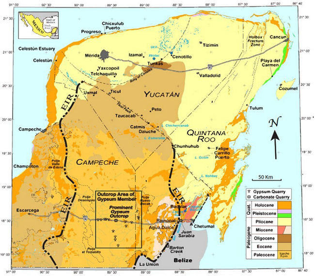 Geological Map of the Mexican Yucatán Peninsula (modified from SGM, 2017).