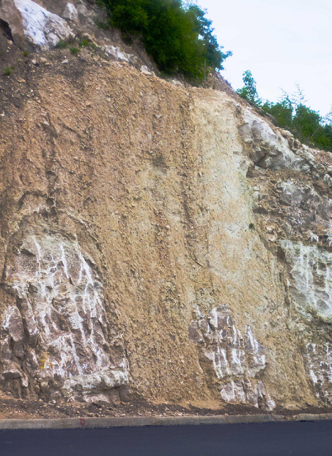 Blocks of massive GM caught up in poorly bedded argillite, part of the same outcrop as in Figure 3 and about 50 m east of that outcrop. Note distinctive tooth marks of the excavating equipment that identifies soft, ductile gypsum and can be used for a virtual field trip along Highway 186 in Google Earth “Street View.”