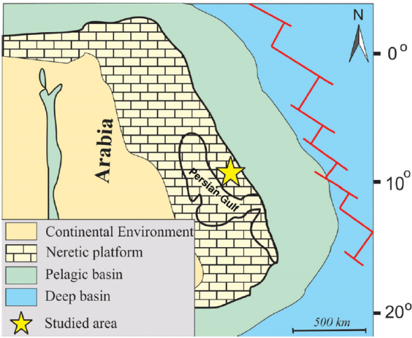 Location of the Arabian plate during the Aptian (after Huck et al., 2010,
								2011). The studied area is
							located in the northeastern margin of the Arabian Plate and the Middle
							East and was formerly situatd in southwest of the Neo-Tethys Ocean
								(Al-Husseini and Matthews,
								2010; Rahmani et
									al., 2010; Mansouri-Daneshvar et al., 2015). The
							present day locations of the Persian Gulf Region and the studied area
							are shown on the map.