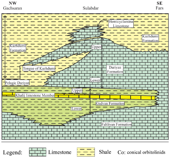 Generalized stratigraphic section of the Barremian-Albian formations
							in the Zagros belt. The Dariyan Formation was deposited between the
							Gadvan and the Kazhdumi formations (simplified from Motiei, 1993).