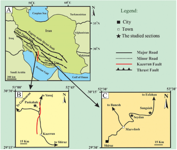 Localities of the studied sections of the Dariyan Formation in the
							Zagros fold-thrust belt, southwest Iran (modified from Habibi, 2016). The Sangsiah and
							Seydan sections are situated in the Interior Fars, whereas the Paskahak
							section is located in the Izeh Zone, west of the Kazerun fault. The
							Seydan section (30°05′19″N, 52°56′43″E) was measured 65 km to the
							northeast of the city of Shiraz. The Sangsiah section (30°05′37″N,
							53°08′23″E) was measured 80 km northeast to the city of Shiraz and 24 km
							from the Seydan section. The Paskahak section (30°17′08″N, 51°30′12″E)
							was measured 76 km northwest to the town of Kazerun.
