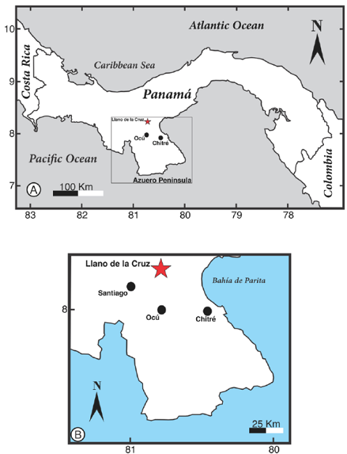 A) Map of Panama and the Azuero Peninsula, and B) It shows the
							Holotype collection locality